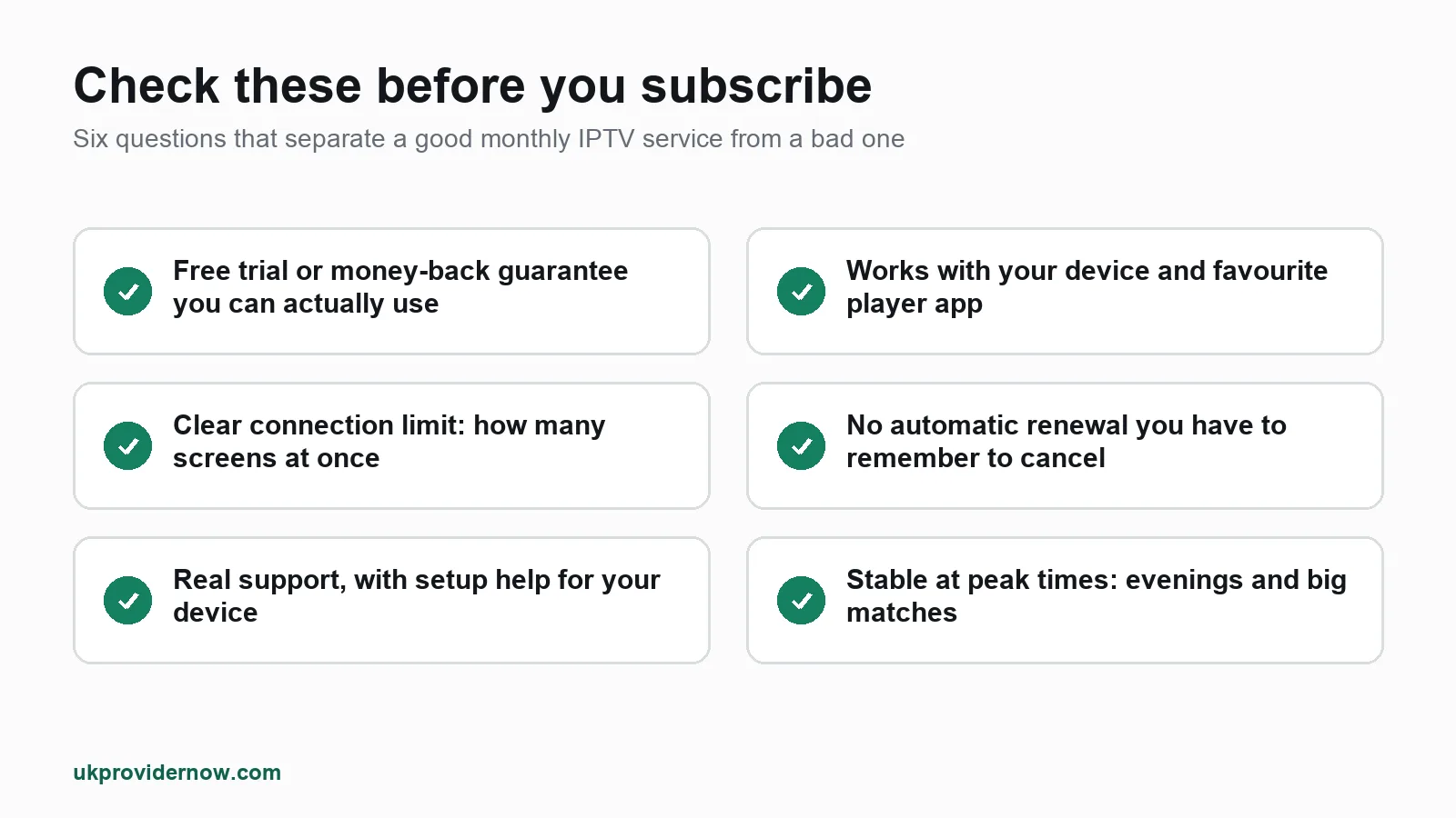 Checklist of six things to check before subscribing to monthly IPTV