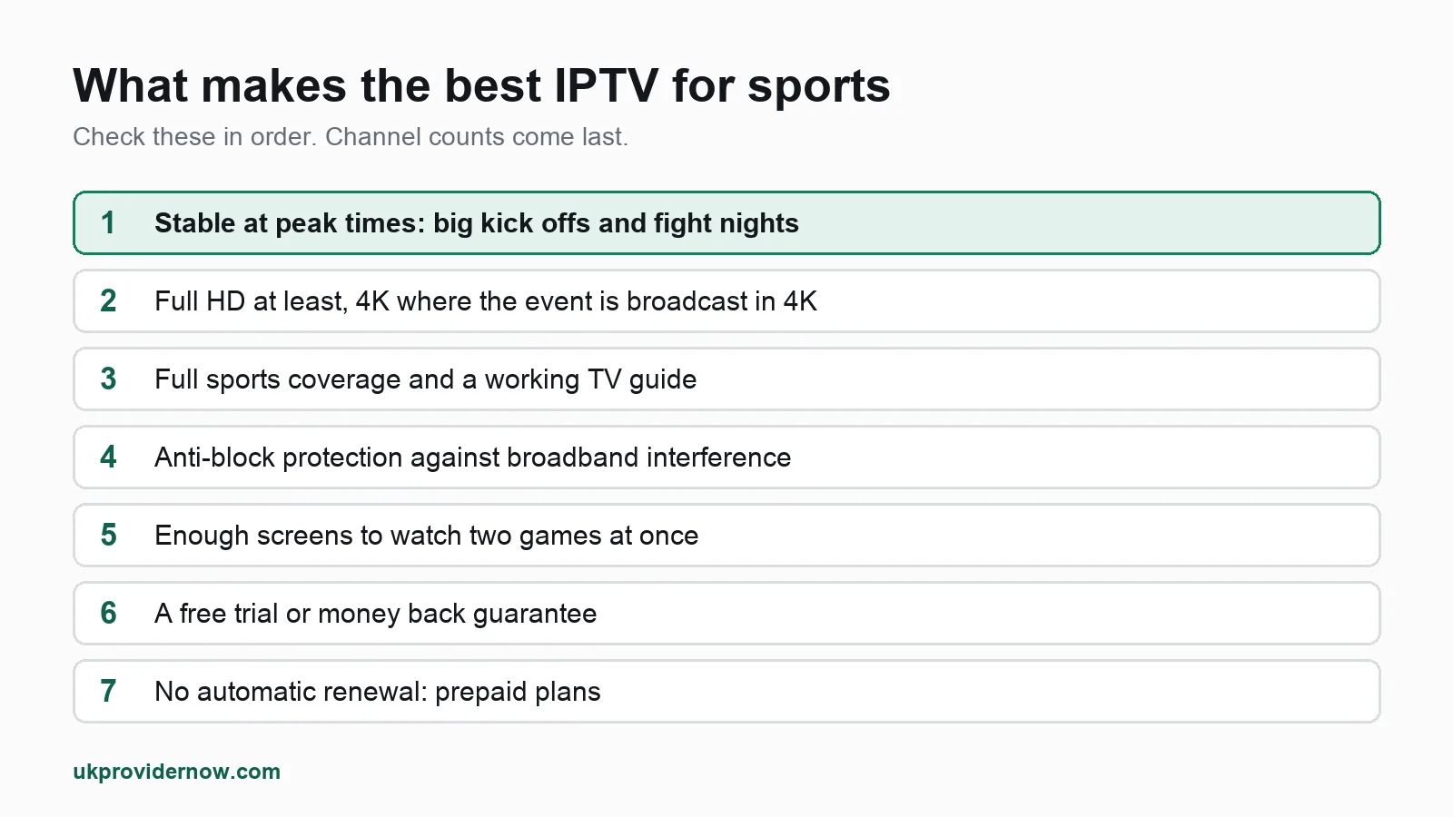 What makes the best IPTV for sports: stable at peak times, full HD and 4K, a full TV guide, anti-block protection, enough screens, a free trial and no automatic renewal