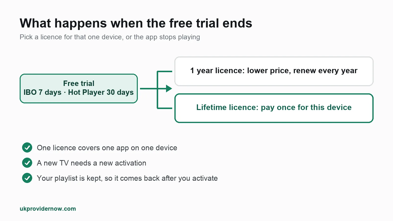 Timeline showing a free trial after installing, then a choice between a yearly licence and a lifetime activation
