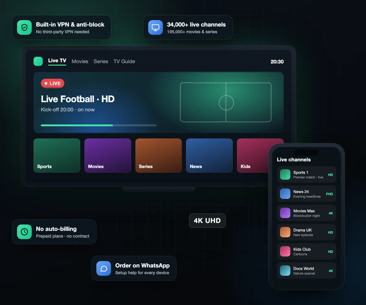 UK IPTV on a Smart TV and phone: live football in HD, sports, movies, series, news and kids categories, with built-in VPN and anti-block, 34,000+ live channels and 195,000+ movies and series